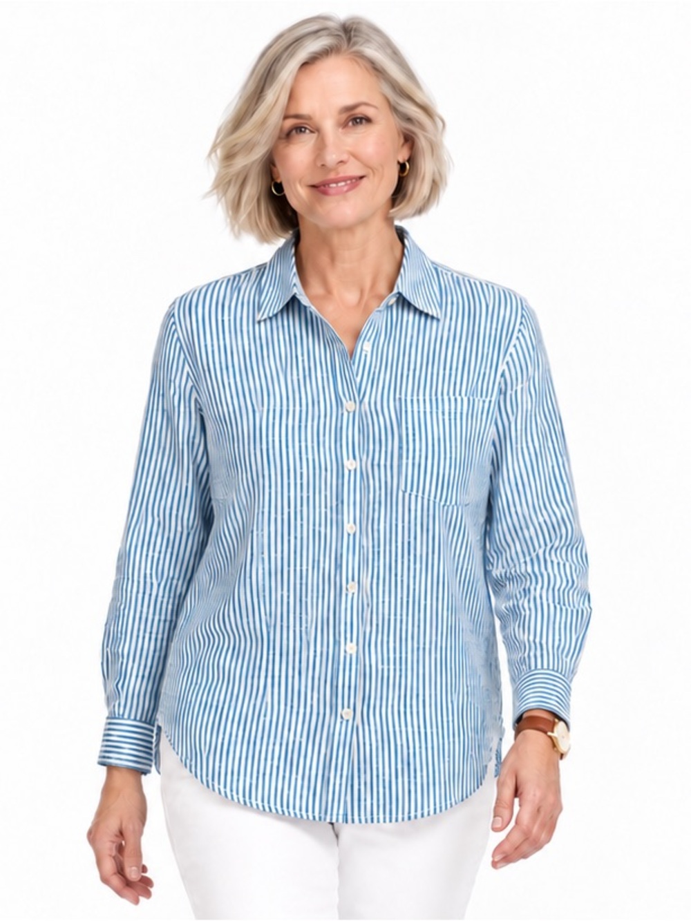 Talbots Petites Blue White Striped 100% Linen Button Down Shirt XLP